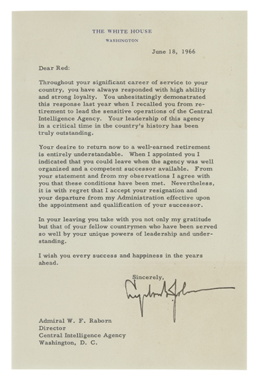 Appraisal: JOHNSON LYNDON B Typed Letter Signed as President to CIA