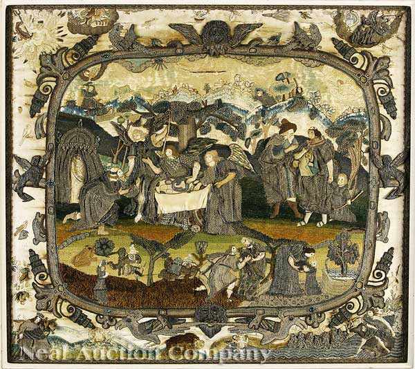 Appraisal: A Fine English Stumpwork Embroidery of Abraham and the Three