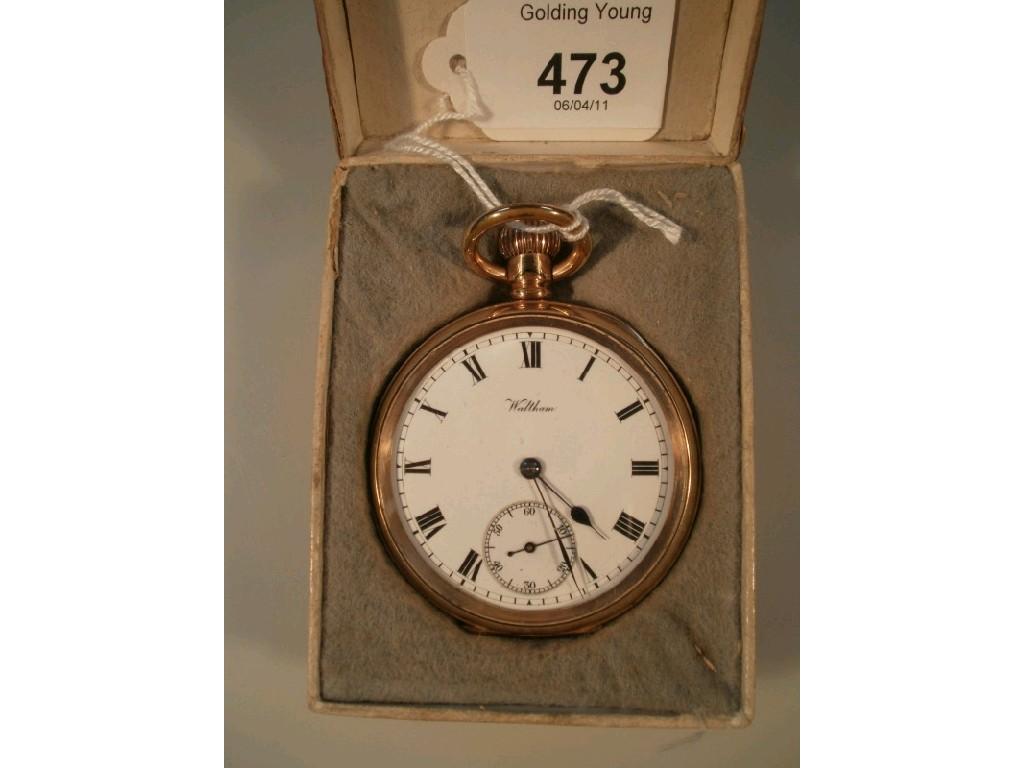 Appraisal: A Waltham gold plated pocket watch with bezel wind