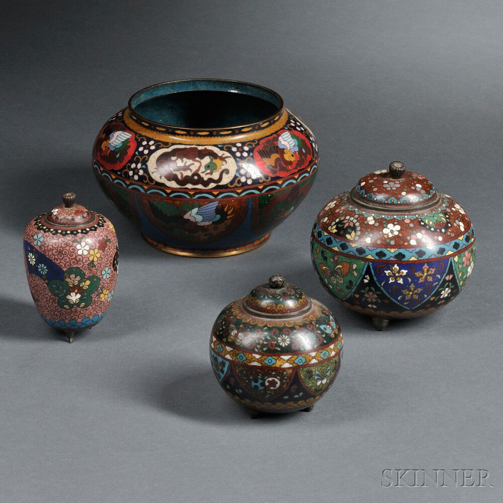 Appraisal: Four Cloisonne Items Japan two globular tripod koros with domed