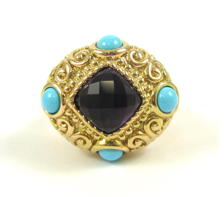 Appraisal: TURQUOISE AMETHYST AND FOURTEEN KARAT GOLD RING with a Bali