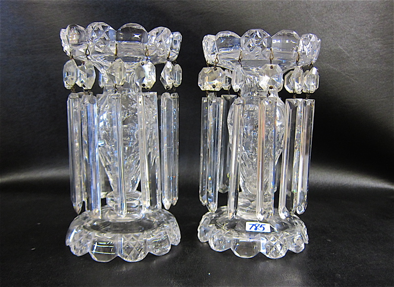 Appraisal: PAIR CUT CRYSTAL LUSTRES with cut pedestal base and hanging