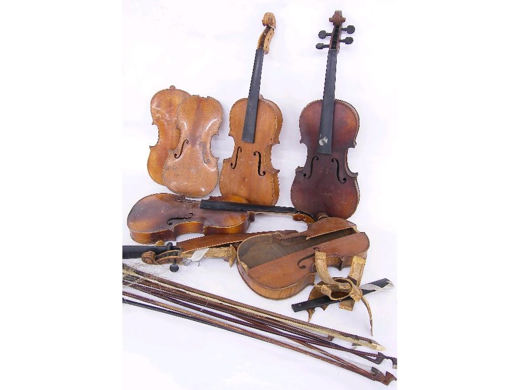 Appraisal: Five violins in need of restoration together with a small