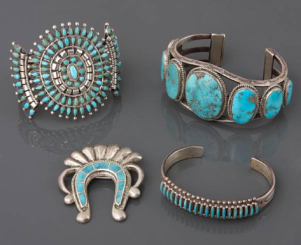 Appraisal: A collection of silver metal turquoise and shell jewelry comprising