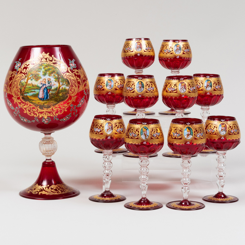 Appraisal: Set of Ten Continental Enameled Red Goblets and a Larger