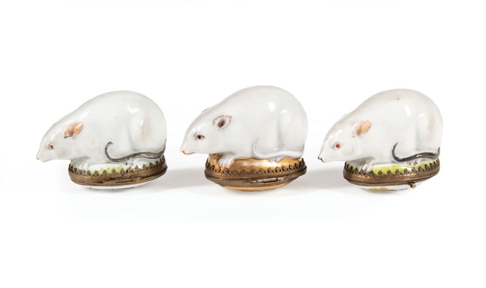 Appraisal: Three Continental Porcelain Mouse-Form Bonbonnieres th c probably St Cloud