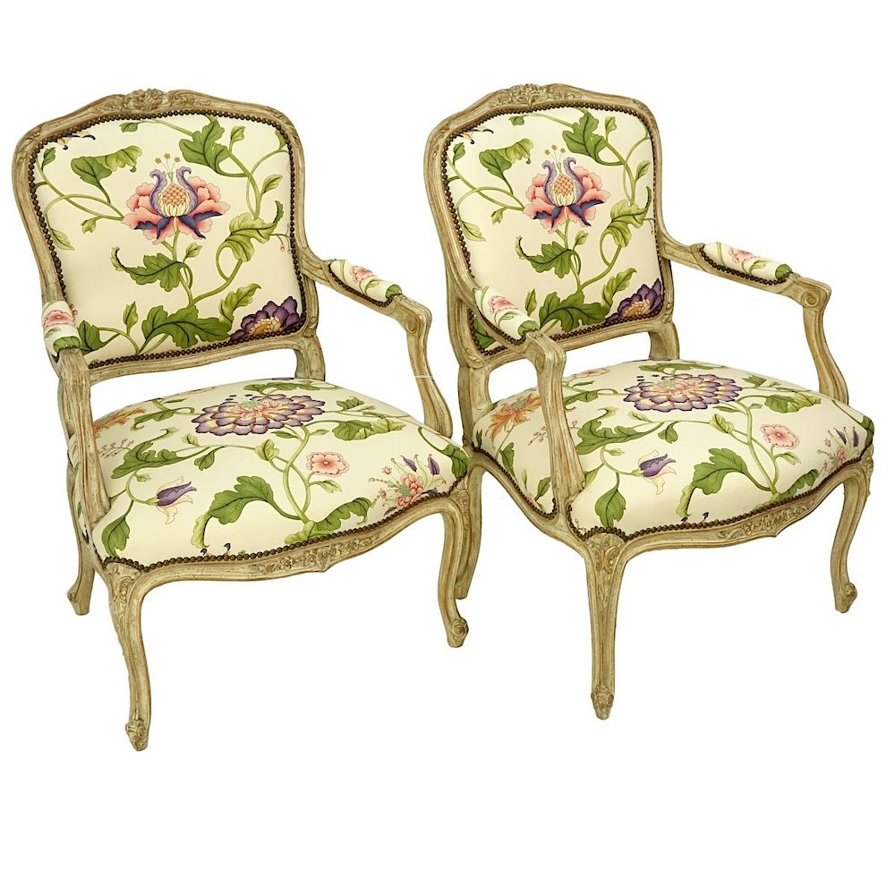 Appraisal: Italian Armchairs Pair of Italian Carved and Upholstered Armchairs Measures