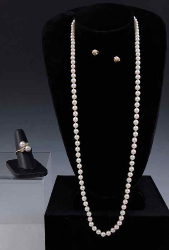 Appraisal: ESTATE PEARL NECKLACE EARRINGS AND RING k yellow gold ring