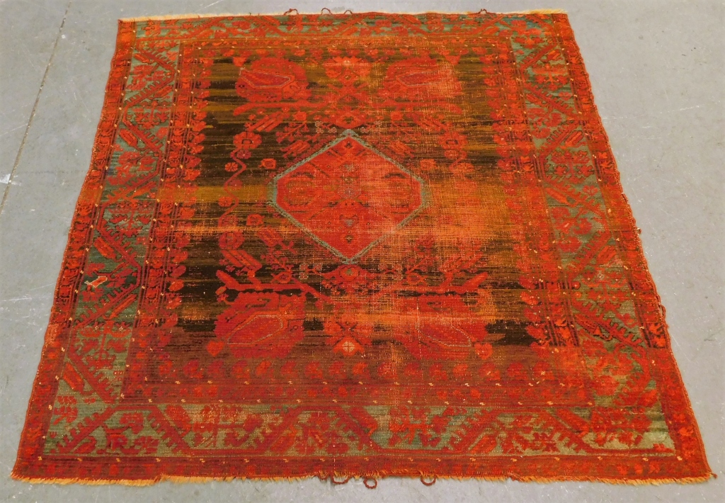 Appraisal: ANTIQUE TURKISH SQUARE CARPET RUG Turkey Circa Central red tendril