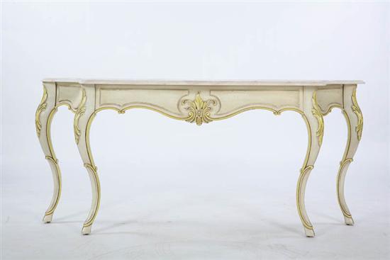 Appraisal: FRENCH STYLE HALL TABLE White with carved yellow scrolling accents