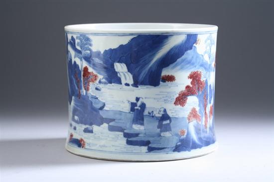 Appraisal: CHINESE COPPER RED AND BLUE PORCELAIN BRUSH POT Riverscape and