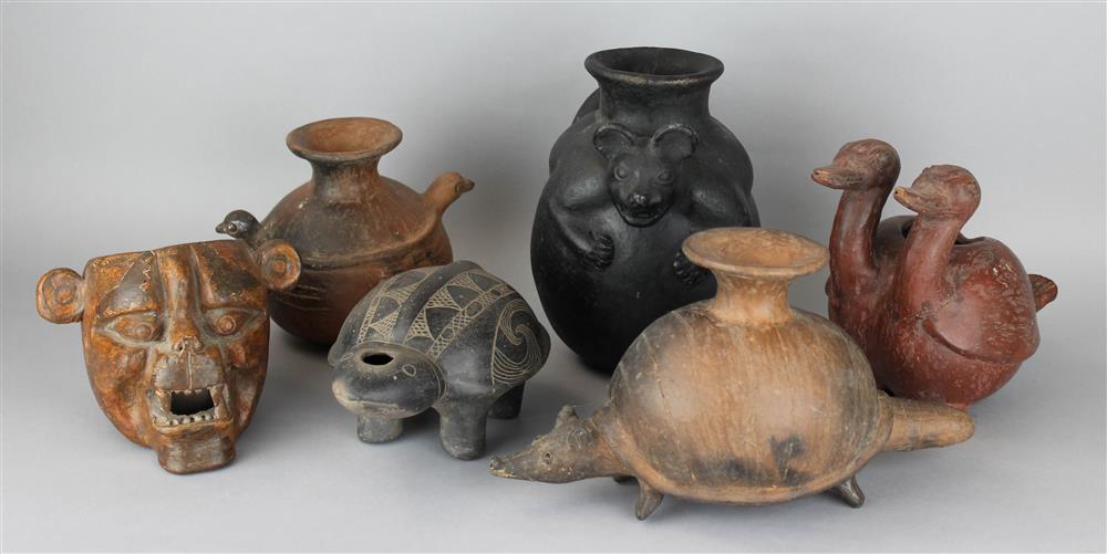 Appraisal: SIX SOUTH AMERICAN ANIMAL EFFIGY POTTERY VESSELS Provenance a Virginia