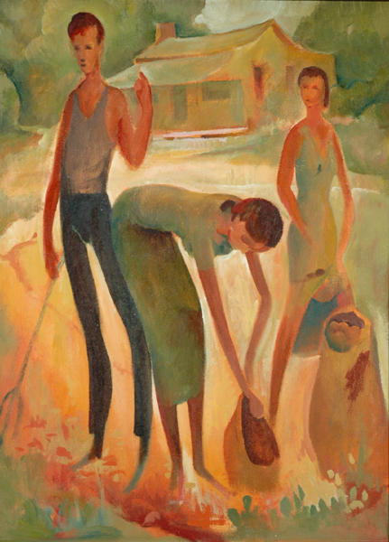 Appraisal: Bill Coleman - Family Raking Leaves oil on board unsigned