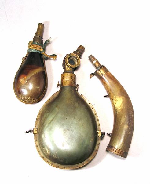 Appraisal: A lot of three horn powder flasks th century Comprising