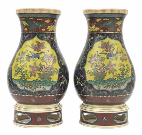 Appraisal: A PAIR OF JAPANESE TOTAI JIPPO VASES WITH STANDS MEIJI