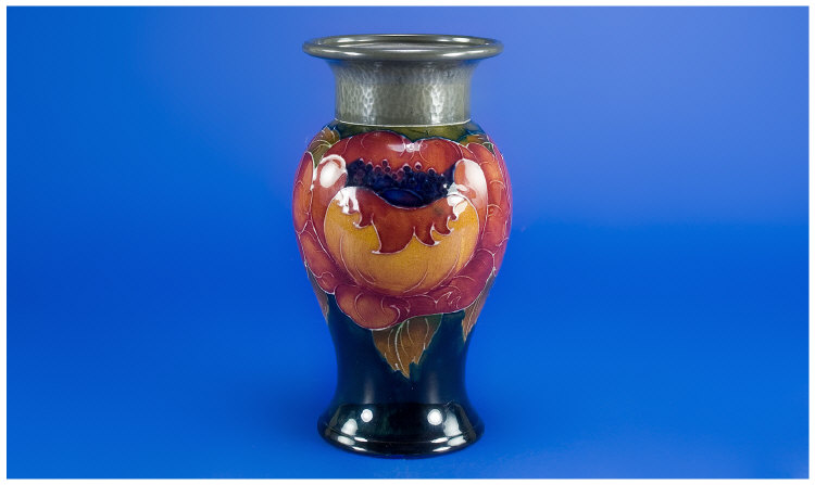 Appraisal: William Moorcroft Peony Design Vase with a Pewter Collar circa