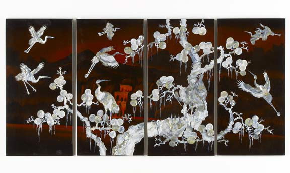 Appraisal: Suite of Four Japanese Lacquer and Mother-of-Pearl Panels each with