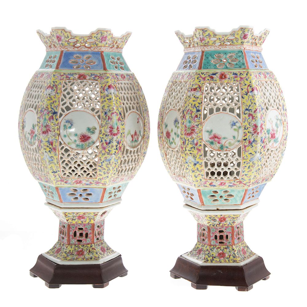 Appraisal: Pair Chinese Export Famille Rose Wedding Lamps first half th