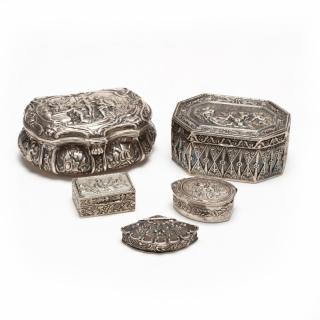 Appraisal: Five Continental Silver Boxes three with Hanau pseudo-hallmarks all parcel