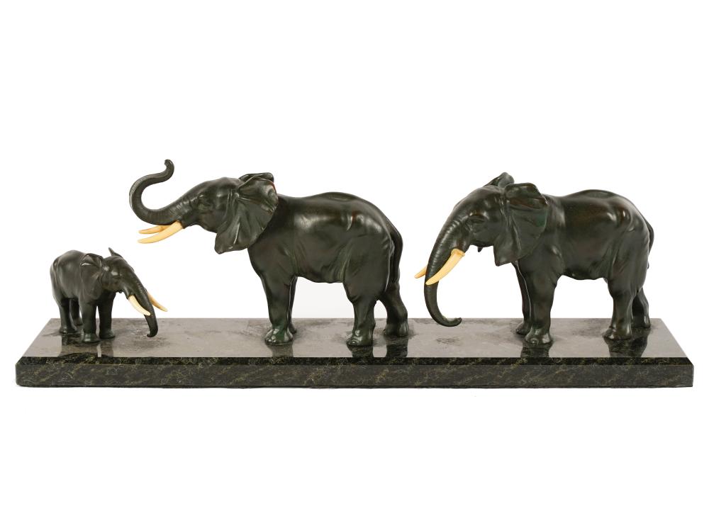 Appraisal: BRONZE ELEPHANT FIGURAL GROUPwith dark green patination set on a