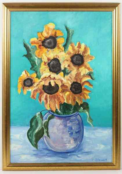 Appraisal: P Stewart NC Sunflowersoil on canvas featuring a vase of