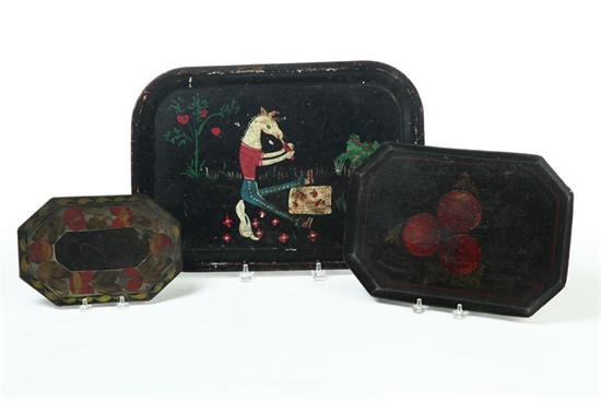 Appraisal: THREE TOLE TRAYS American Two are mid th-century octagonal trays