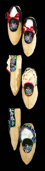 Appraisal: Three pair of Ojibwa beaded moccasins Each pair with matching