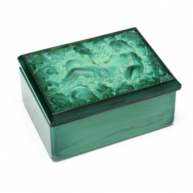 Appraisal: CZECHOSLOVAKIAN ART DECO GLASS ZODIAC THEMED DRESSER BOX s malachite