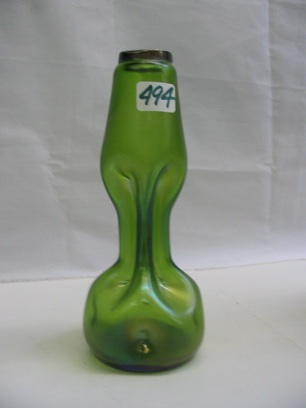 Appraisal: A LOETZ GREEN IRIDESCENT ART GLASS VASE pinched waist form