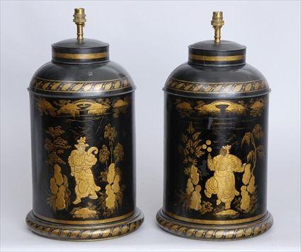 Appraisal: PAIR OF CHINESE EXPORT BLACK TOLE PEINTE TEA CANNISTER LAMPS