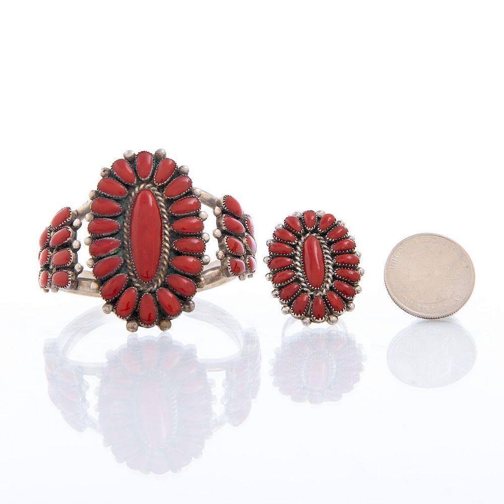 Appraisal: LORRAINE WAATSA ZUNI CORAL SILVER CUFF AND RING Cuff C