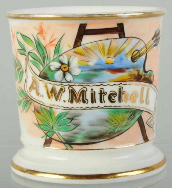 Appraisal: Artist's Palette Mounted on Easel Shaving Mug Description Gilt name