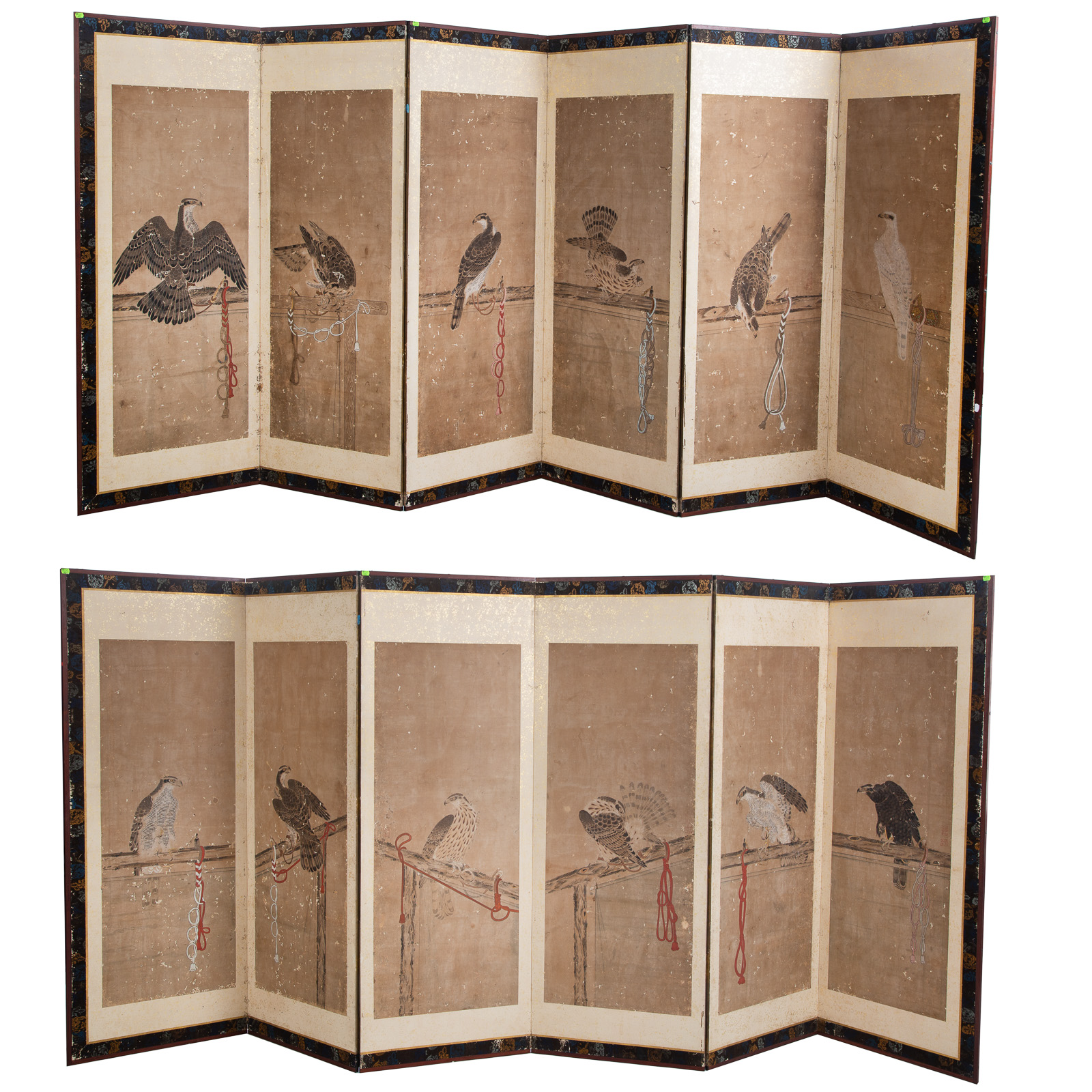 Appraisal: A PAIR OF JAPANESE TETHERED HAWK FOLDING SCREENS Meiji Period