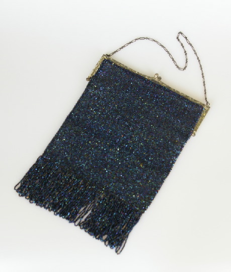 Appraisal: American Bright-Cut Silverplate-Framed Iridescent Midnight Blue Beaded Lady's Evening Bag