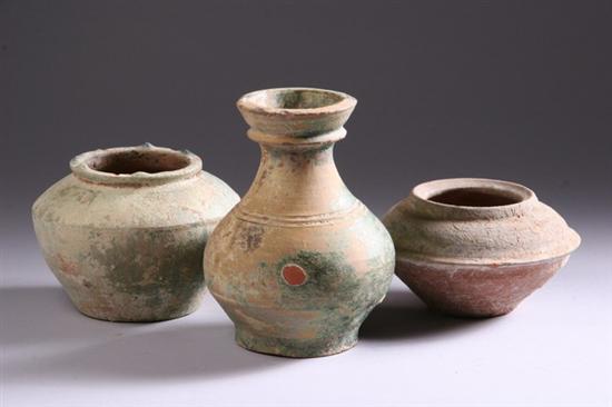 Appraisal: THREE CHINESE GREEN GLAZED VESSELS Han Dynasty circa B C