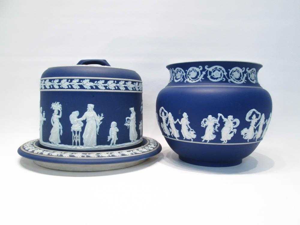 Appraisal: JASPERWARE LIDDED CHEESE DISH AND VASE with classical white figures