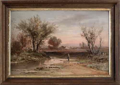 Appraisal: Oil on board landscape with a fisherman early th c