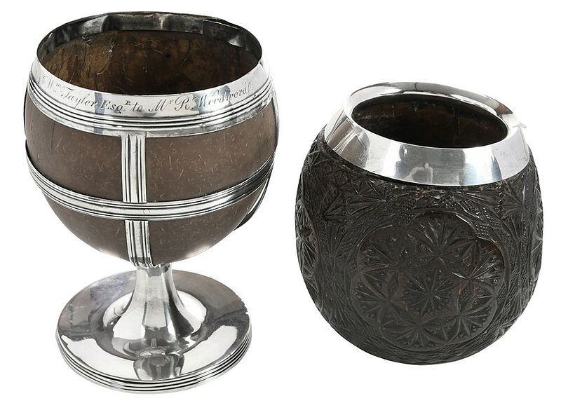 Appraisal: Coconut Goblet and Cup with English Silver Mounts goblet with