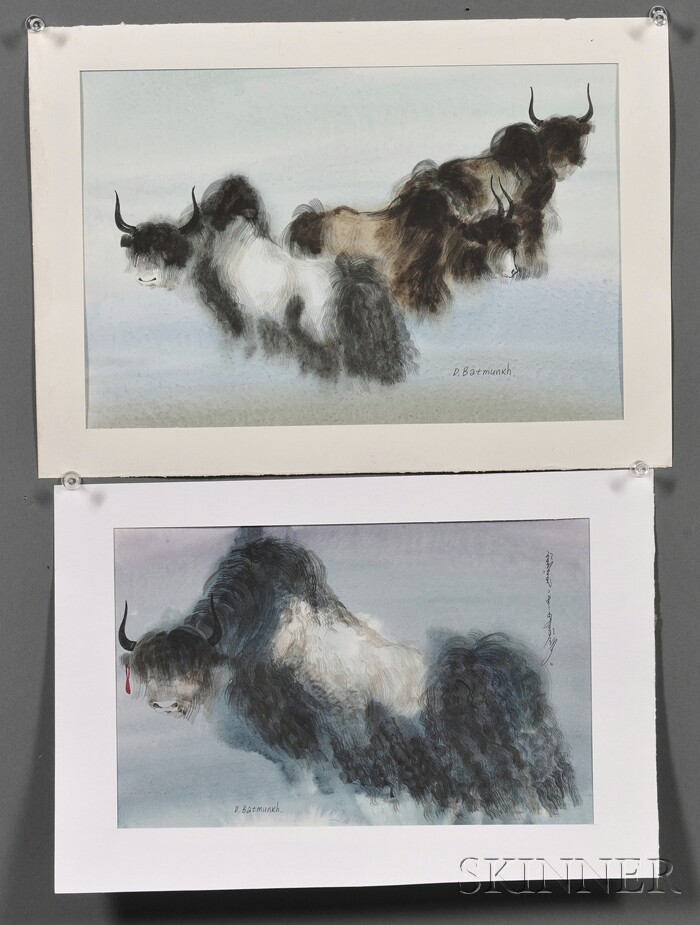 Appraisal: Two Mongolian Watercolors depicting cows signed D Batmunkh each approx