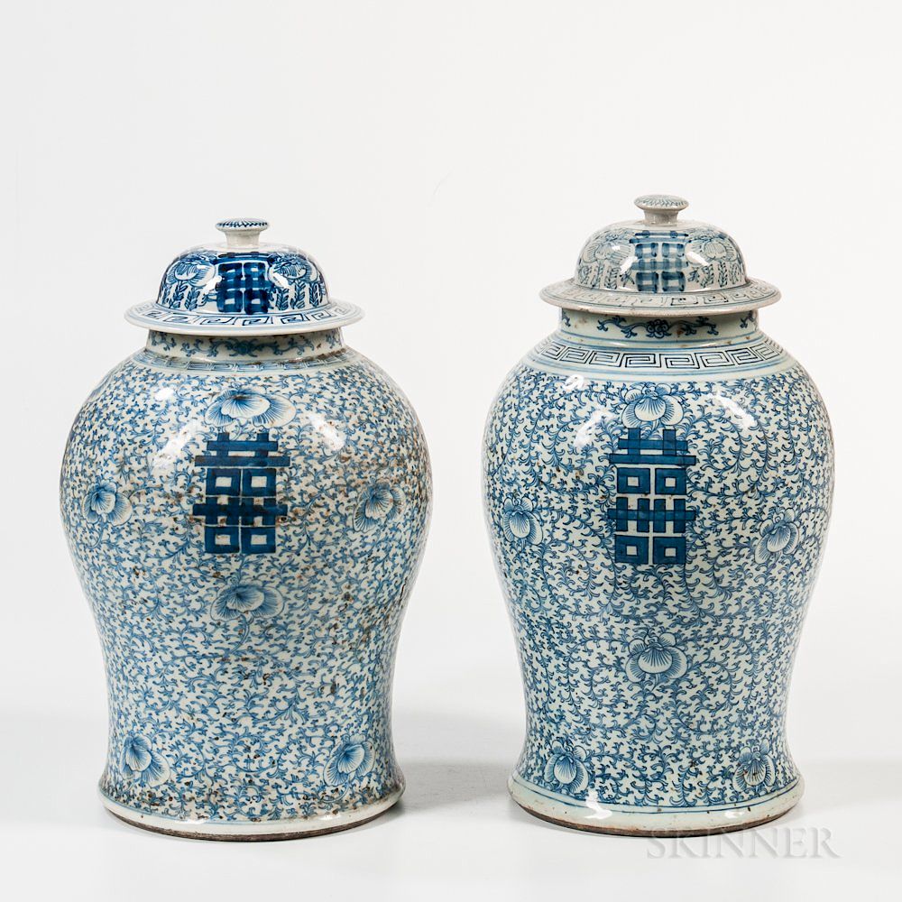 Appraisal: Pair of Blue and White Double Happiness Jars and Covers