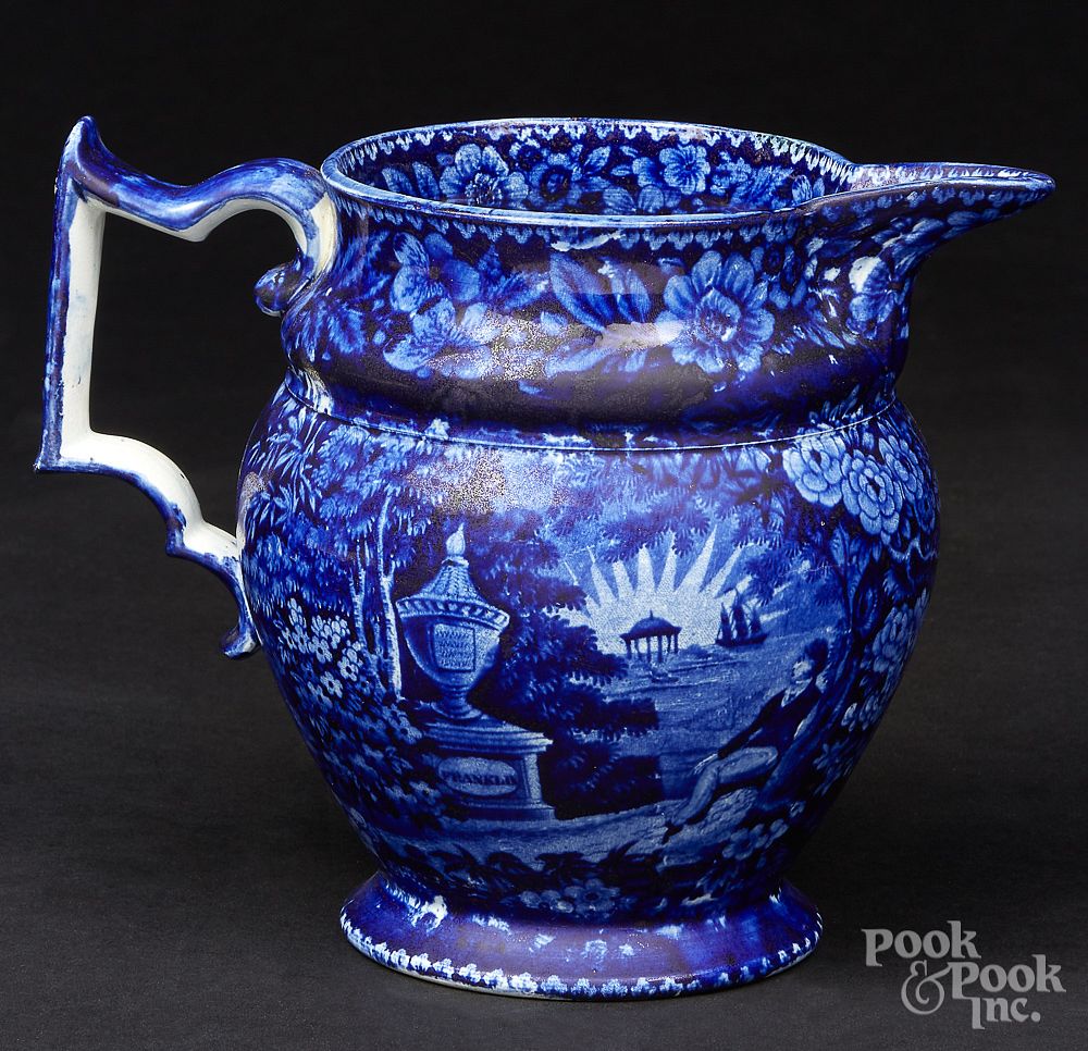 Appraisal: Historical blue Staffordshire pitcher Historical blue Staffordshire Lafayette at Franklin's