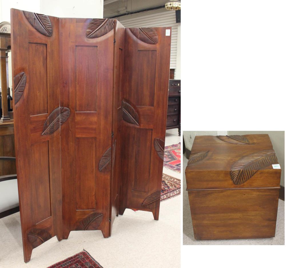 Appraisal: PLANTATION MAHOGANY FLOOR SCREEN AND MATCHING STORAGE BOX Leaf Collection