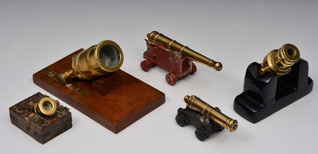 Appraisal: FIVE VARIOUS TABLE TOP BRASS CANNONS AND MORTARS all on