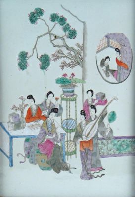 Appraisal: A Chinese famille rose rectangular panel depicting ladies at leisure