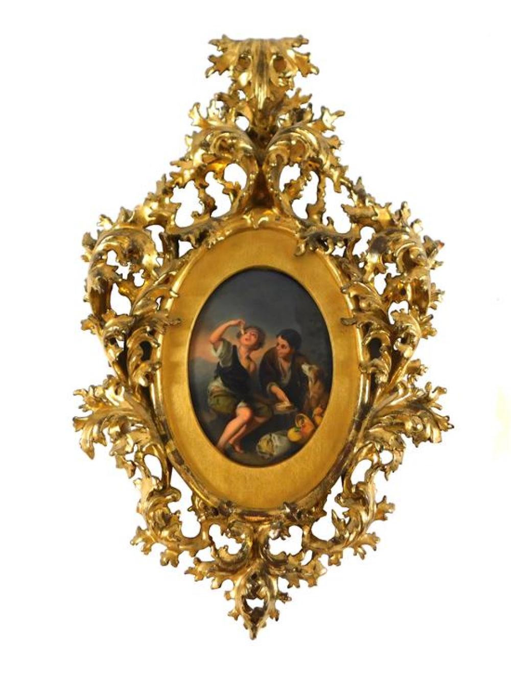 Appraisal: Hand-painted porcelain plaque in Florentine style frame 'Two Young Boys