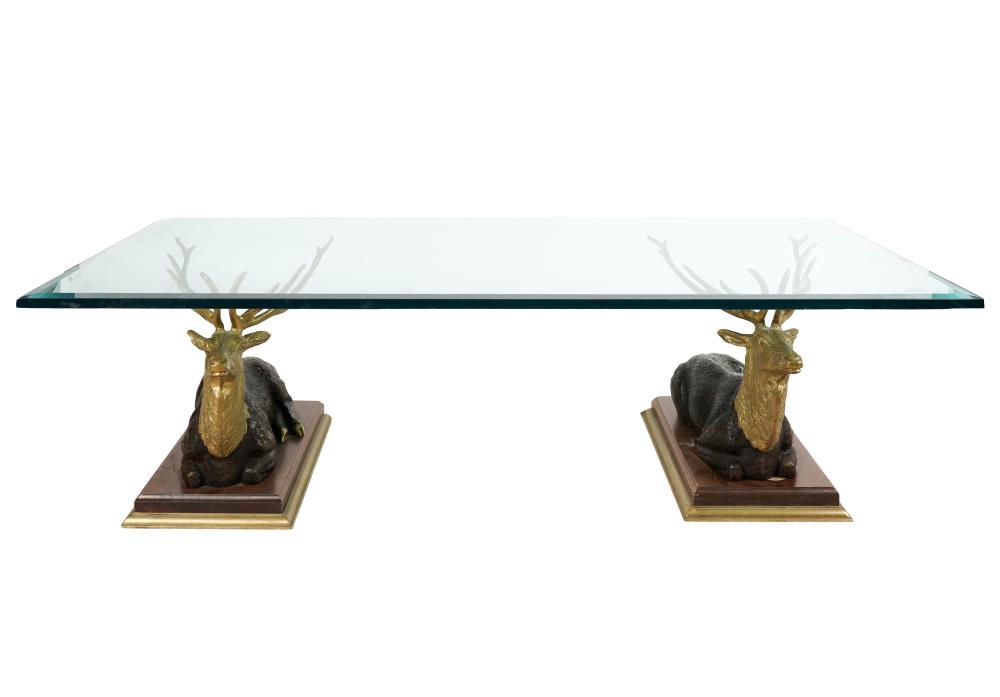 Appraisal: DEER-FORM DOUBLE PEDESTAL COFFEE TABLEglass patinated metal and wood inches