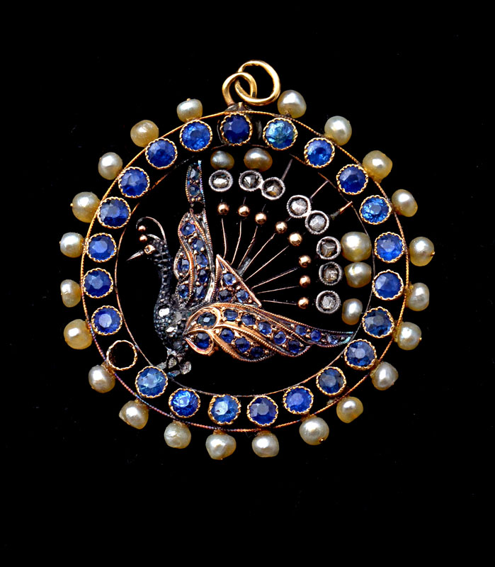 Appraisal: MID TH CENTURY PEACOCK PENDANT WITH DIAMONDS SAPPHIRES K yellow