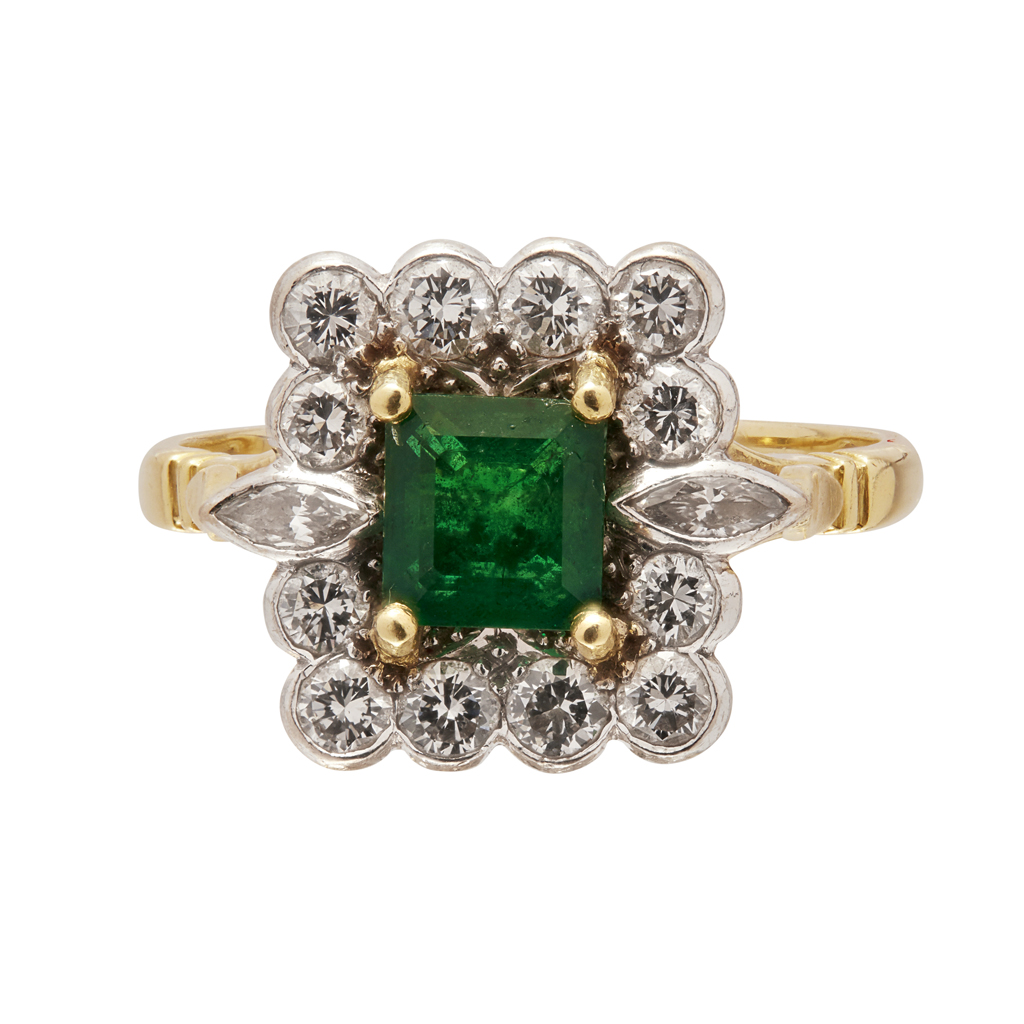 Appraisal: An emerald and diamond set cluster ring claw set with