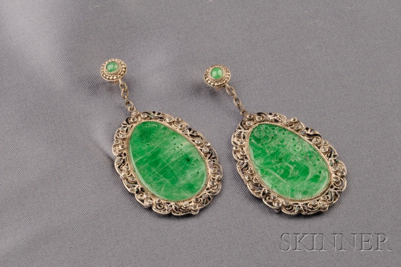 Appraisal: Silver Jadeite and Enamel Earpendants each jadeite drop carved to