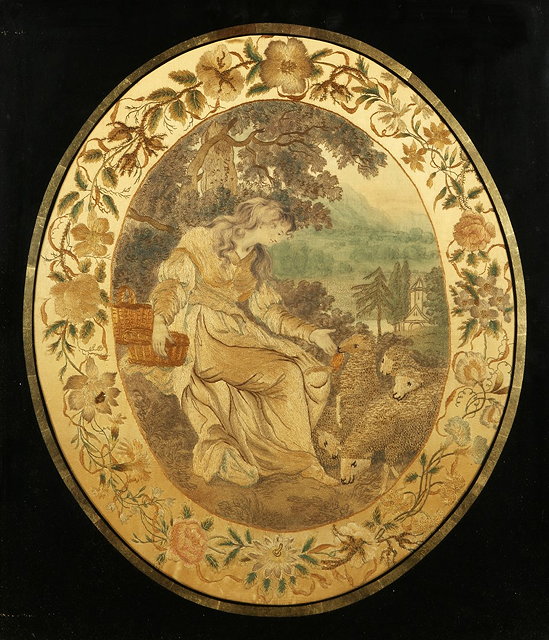 Appraisal: A GEORGE III OVAL NEEDLEWORK PICTURE of a girl feeding